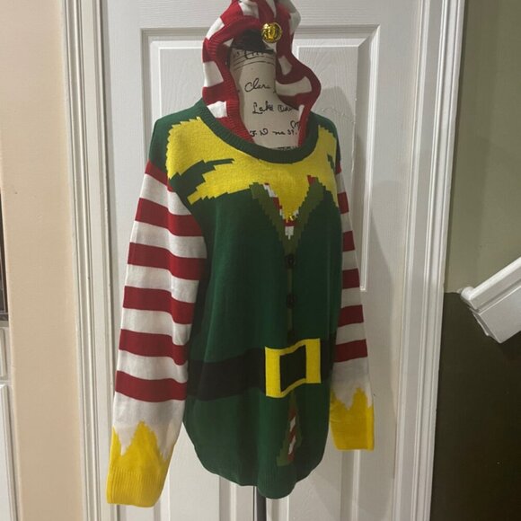 Holidays Christmas ELF KNITTED HOODED SWEATER FESTIVITY FUNNY SIZE XXLARGE - Picture 6 of 16